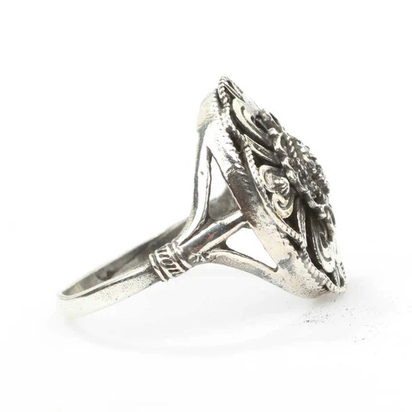 925 Ayar Gümüş Siyah Rodajlı Yonca Antik Desenli Yüzük - Resim 4