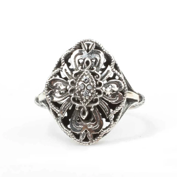 925 Ayar Gümüş Siyah Rodajlı Yonca Antik Desenli Yüzük - Resim 3