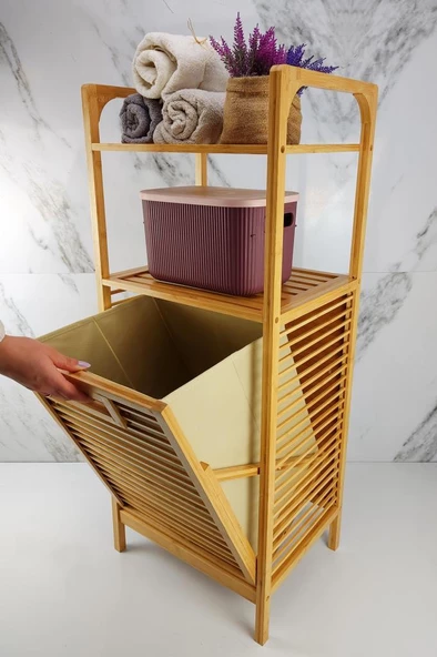 Digithome Bambu Kirli Sepetli 2 Raflı Çok Amaçlı Banyo Düzenleyici Çamaşır Sepeti Organizer DB-0001 - 4