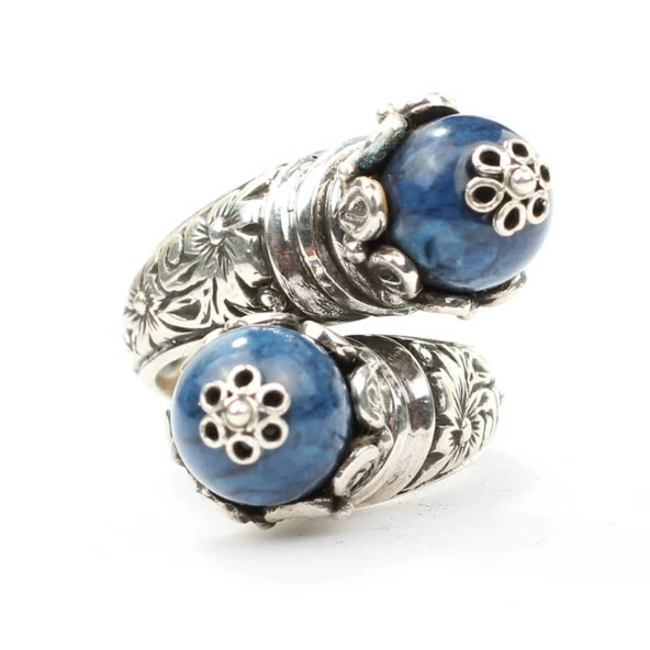 925 Ayar Gümüş Lapis Taşlı Çapraz Yüzük - Resim 4