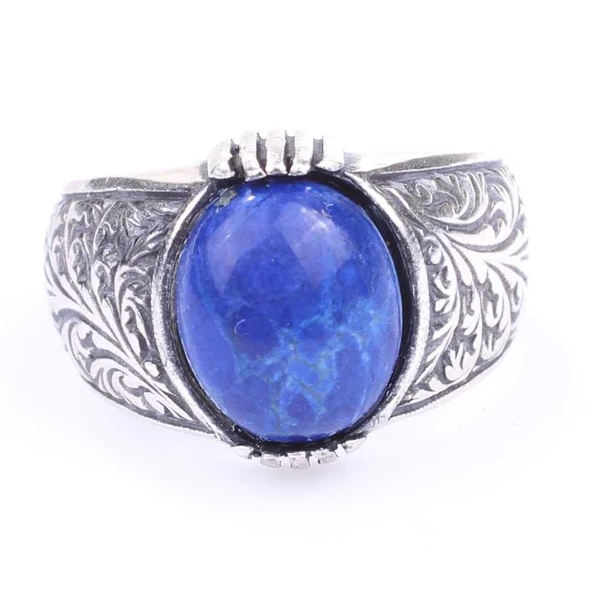 925 Ayar Gümüş Lacivert Turkuaz Taşlı Erkek Yüzüğü - Resim 4