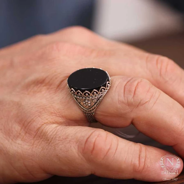 925 Ayar Gümüş Siyah Oniks Taşlı Erkek Yüzüğü - Resim 3