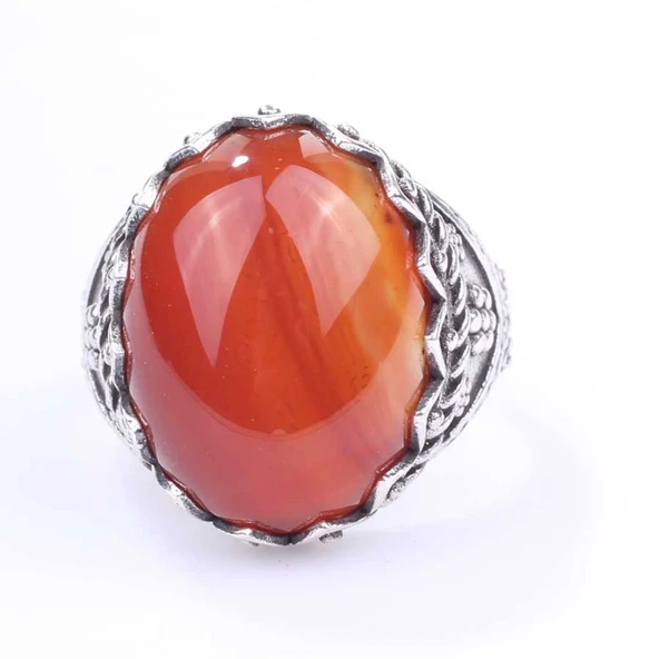 925 Ayar Gümüş Akik Taşlı Erkek Yüzüğü - Resim 4