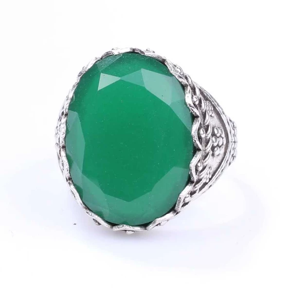 925 Ayar Gümüş Sentetik Zümrüt Taşlı Erkek Yüzüğü - Resim 4