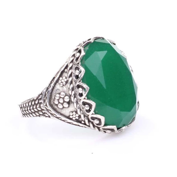 925 Ayar Gümüş Sentetik Zümrüt Taşlı Erkek Yüzüğü - Resim 2