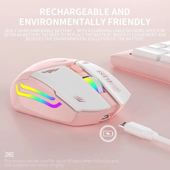 Blic Bwm1 Pembe RGB Şarjlı Kablosuz 1600DPI Işıklı Kablosuz Mouse - 3