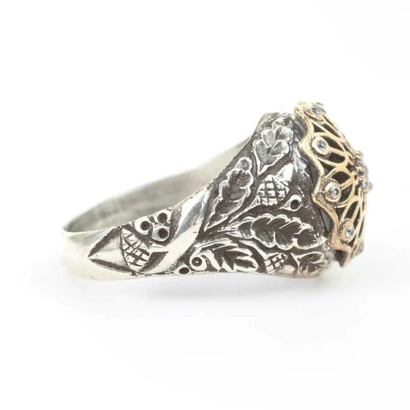 925 Ayar Gümüş Antik Tasarım Taşlı Yüzük - Resim 4