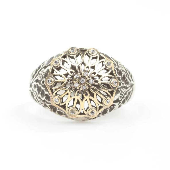 925 Ayar Gümüş Antik Tasarım Taşlı Yüzük - Resim 5