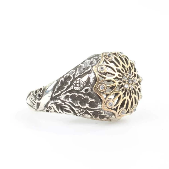 925 Ayar Gümüş Antik Tasarım Taşlı Yüzük - Resim 3