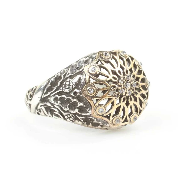 925 Ayar Gümüş Antik Tasarım Taşlı Yüzük - Resim 2