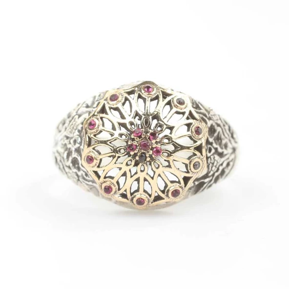 925 Ayar Gümüş Antik Tasarım Kırmızı Taşlı Yüzük ürün görseli 1