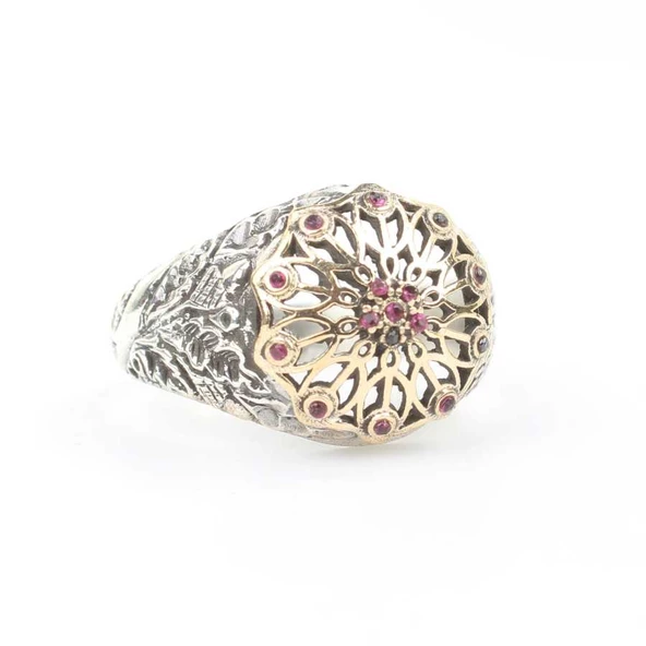 925 Ayar Gümüş Antik Tasarım Kırmızı Taşlı Yüzük - Resim 3