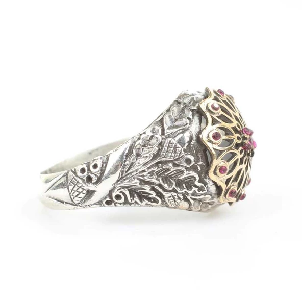 925 Ayar Gümüş Antik Tasarım Kırmızı Taşlı Yüzük - Resim 2