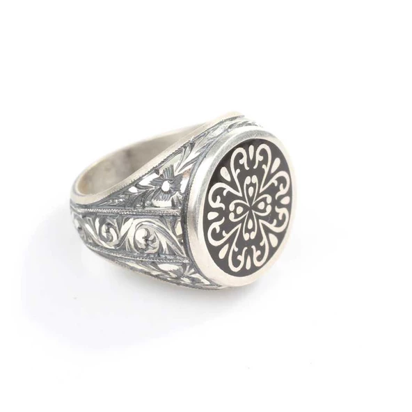 Gümüş Yuvarlak Desenli Kalemkar Erkek Yüzüğü - Resim 2