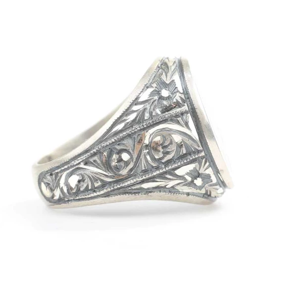 Gümüş Yuvarlak Desenli Kalemkar Erkek Yüzüğü - Resim 4