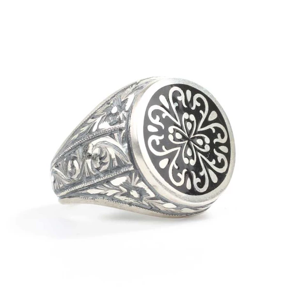 Gümüş Yuvarlak Desenli Kalemkar Erkek Yüzüğü - Resim 3