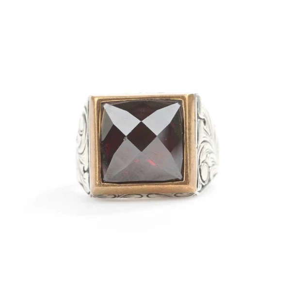 925 Ayar Gümüş Kare Kırmızı Taşlı Erkek Yüzük - Resim 3