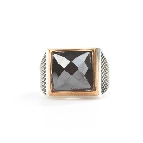 925 Ayar Gümüş Kare Fasetli Taşlı Erkek Yüzük - Resim 4