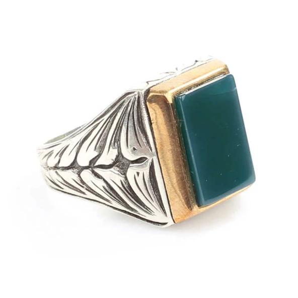 925 Ayar Gümüş Dikdörtgen Yeşil Akik Taşlı Erkek Yüzük ürün görseli