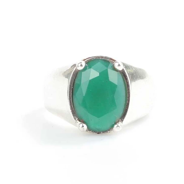 925 Ayar Gümüş Oval Yeşil Taşlı Tırnaklı Klasik Erkek Yüzük - Resim 3