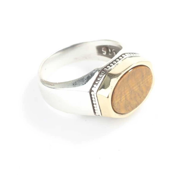 925 Ayar Gümüş Sekizgen Oval Kaplangözü Taşlı Düz Erkek Yüzük - Resim 2