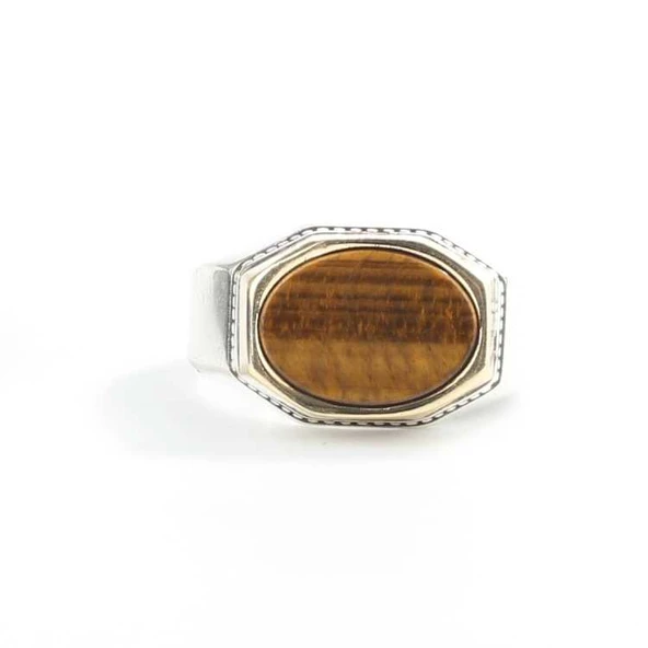 925 Ayar Gümüş Sekizgen Oval Kaplangözü Taşlı Düz Erkek Yüzük - Resim 5