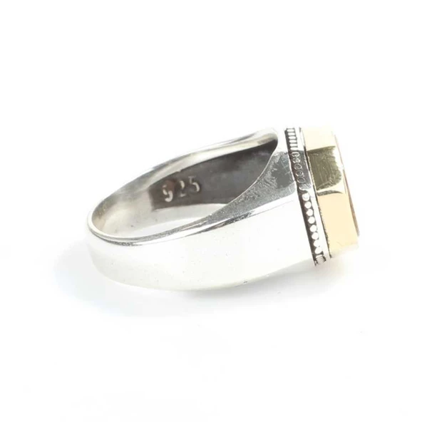 925 Ayar Gümüş Sekizgen Oval Kaplangözü Taşlı Düz Erkek Yüzük - Resim 4