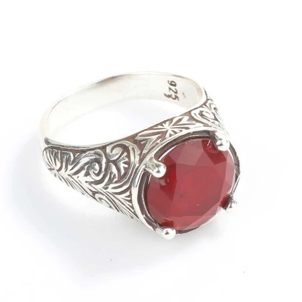 925 Ayar Gümüş Tırnaklı Yuvarlak Kırmızı Taşlı Desenli Erkek Yüzük - Resim 3