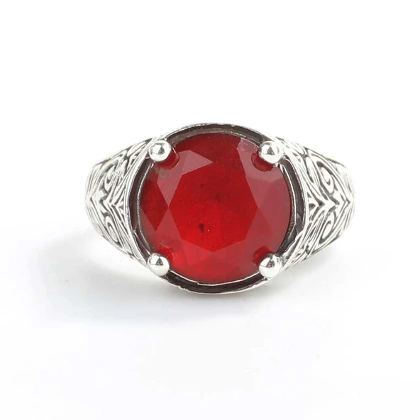 925 Ayar Gümüş Tırnaklı Yuvarlak Kırmızı Taşlı Desenli Erkek Yüzük - Resim 4