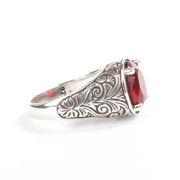 925 Ayar Gümüş Tırnaklı Yuvarlak Kırmızı Taşlı Desenli Erkek Yüzük - Resim 2