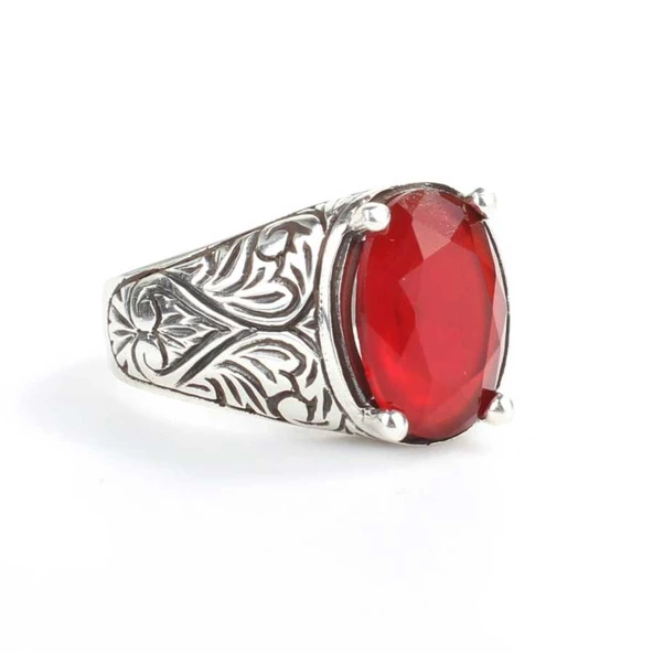 925 Ayar Gümüş Oval Kırmızı Taşlı Oyma Desenli Erkek Yüzük ürün görseli 1