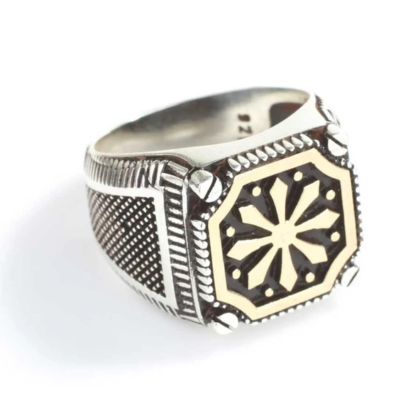 925 Ayar Gümüş Kare Kar Tanesi Motifli Erkek Yüzük - Resim 4
