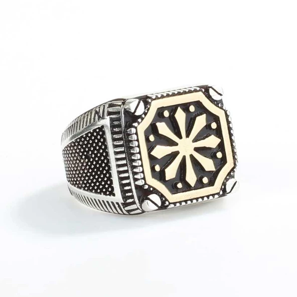 925 Ayar Gümüş Kare Kar Tanesi Motifli Erkek Yüzük ürün görseli
