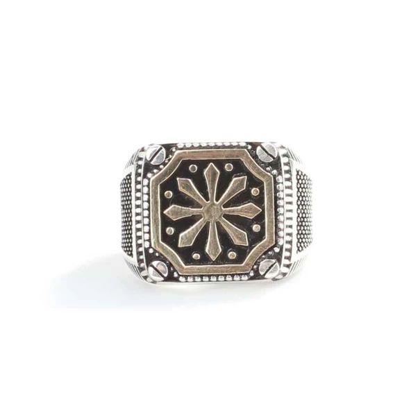 925 Ayar Gümüş Kare Kar Tanesi Motifli Erkek Yüzük - Resim 3