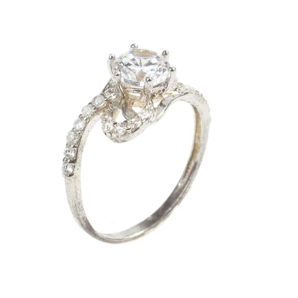 925 Ayar Gümüş Tektaş Yanı Taşlı 1,30 crt Görünümlü Yüzük - Resim 3