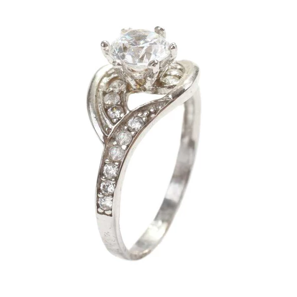 925 Ayar Gümüş Tektaş Yanı Taşlı 1,00 crt Görünümlü Yüzük - Resim 3