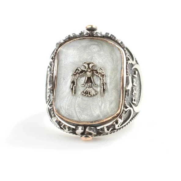 925 Ayar Gümüş Kartal Vav Ay yıldızlı Dönen Erkek Yüzük - Resim 6