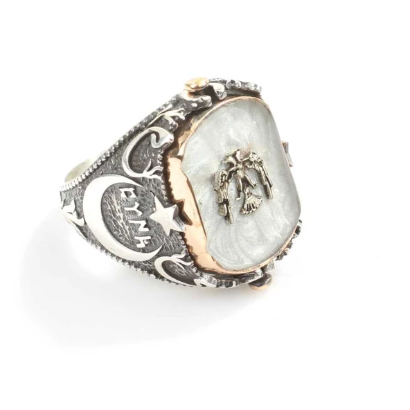 925 Ayar Gümüş Kartal Vav Ay yıldızlı Dönen Erkek Yüzük - Resim 7