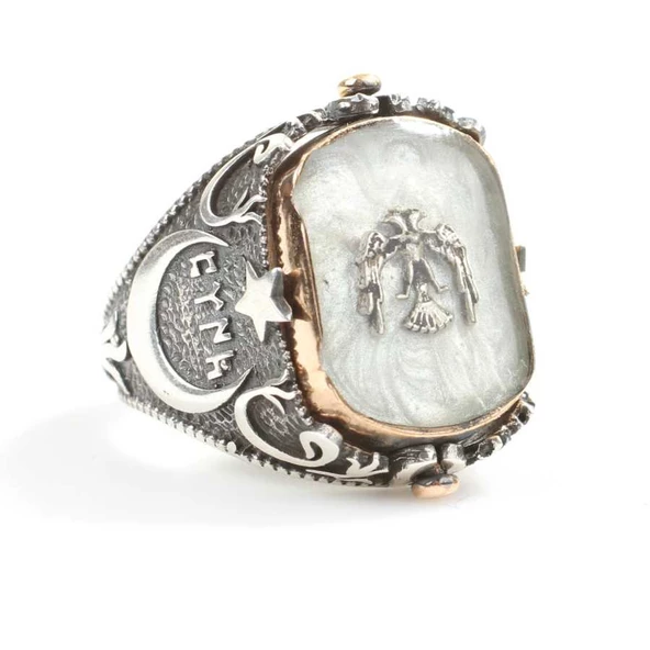 925 Ayar Gümüş Kartal Vav Ay yıldızlı Dönen Erkek Yüzük - Resim 5