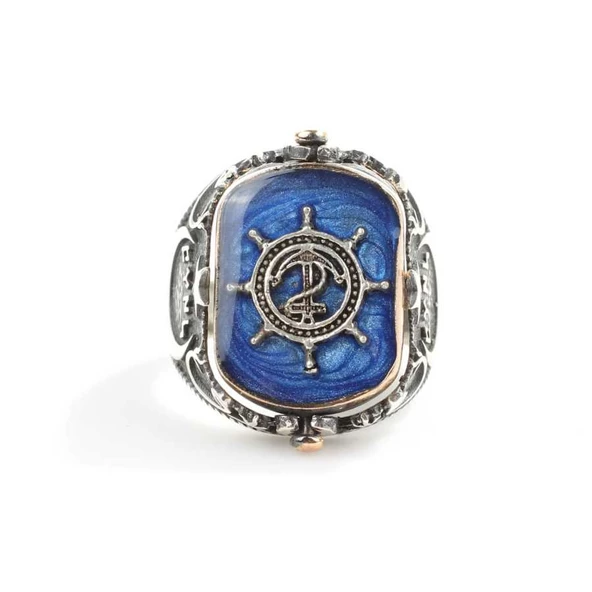 925 Ayar Gümüş Çapa Dümen Mineli Erkek Yüzük - Resim 4