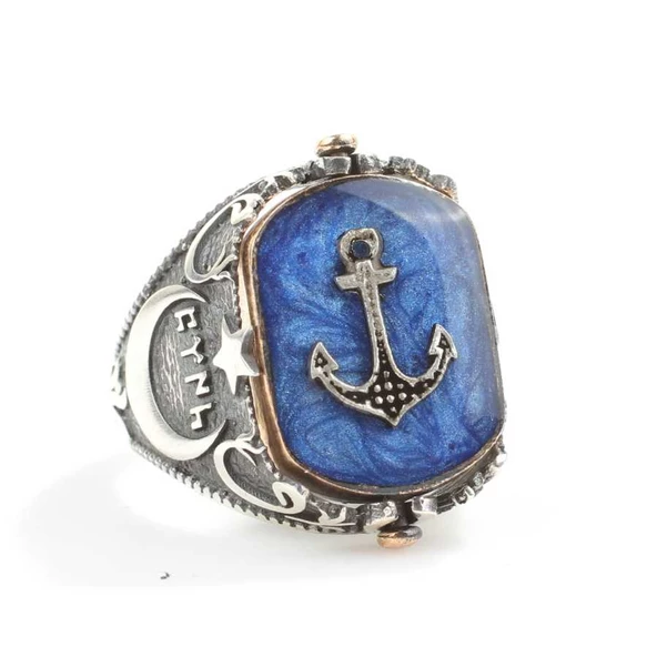 925 Ayar Gümüş Çapa Dümen Mineli Erkek Yüzük - Resim 7