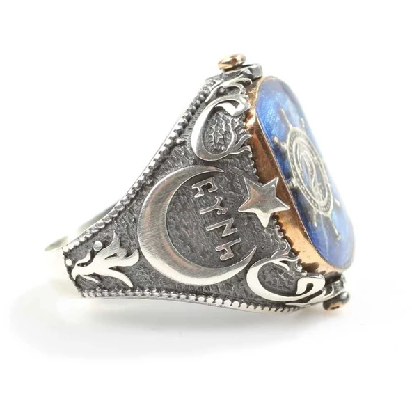 925 Ayar Gümüş Çapa Dümen Mineli Erkek Yüzük - Resim 3