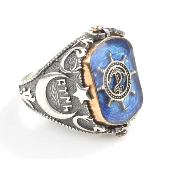 925 Ayar Gümüş Çapa Dümen Mineli Erkek Yüzük - Resim 5