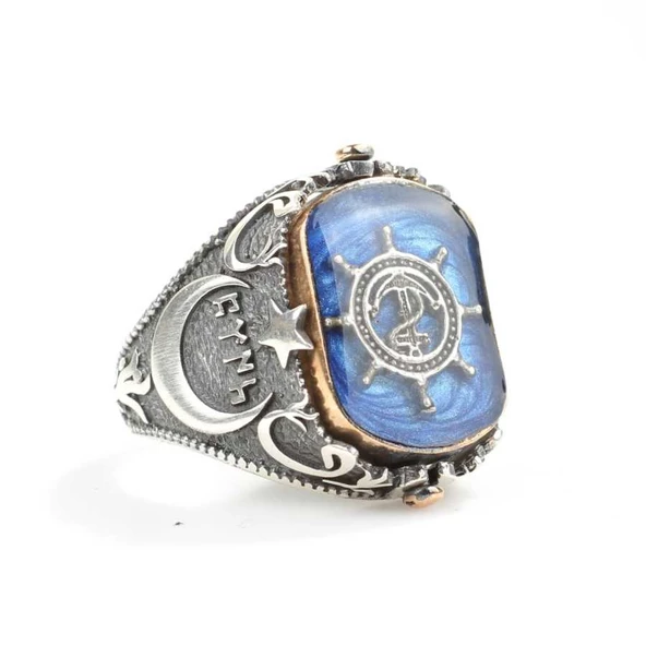 925 Ayar Gümüş Çapa Dümen Mineli Erkek Yüzük - Resim 2