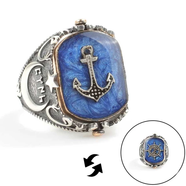 925 Ayar Gümüş Çapa Dümen Mineli Erkek Yüzük ürün görseli