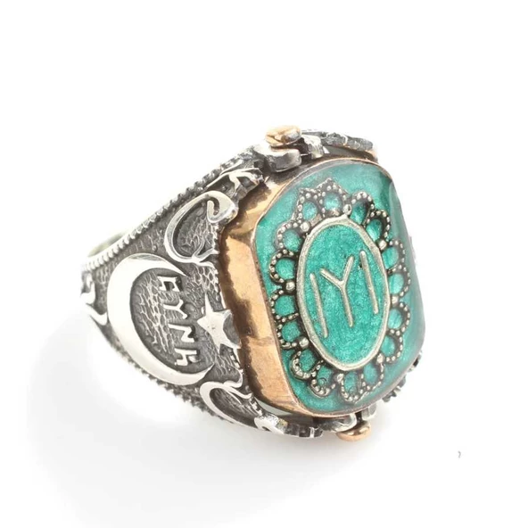 925 Ayar Gümüş Tuğra Kayı Boyu Ay Yıldızlı Yeşil Mineli Dönen Erkek Yüzük - Resim 5