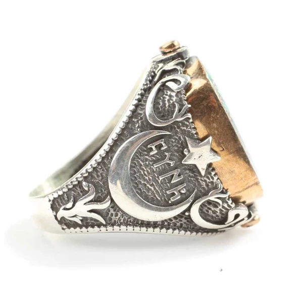 925 Ayar Gümüş Tuğra Kayı Boyu Ay Yıldızlı Yeşil Mineli Dönen Erkek Yüzük - Resim 3