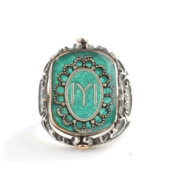 925 Ayar Gümüş Tuğra Kayı Boyu Ay Yıldızlı Yeşil Mineli Dönen Erkek Yüzük - Resim 4