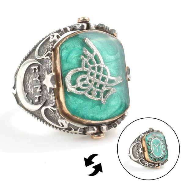 925 Ayar Gümüş Tuğra Kayı Boyu Ay Yıldızlı Yeşil Mineli Dönen Erkek Yüzük ürün görseli