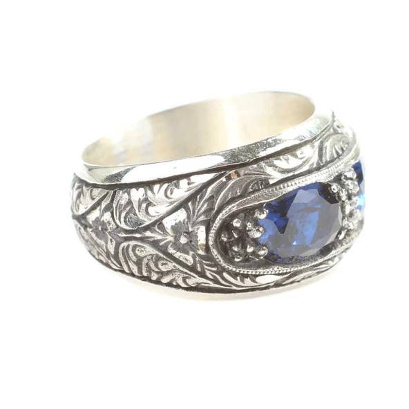 925 Ayar Gümüş Elişi Kalemli 3 'lü Safir Taşlı Erkek Yüzük - Resim 2